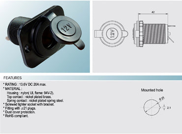 12V LIGHTER SOCKET CIGAR SIZE 4WD FRIDGE LIGHTS PHONE CHARGER - ABR-SIDEWINDER