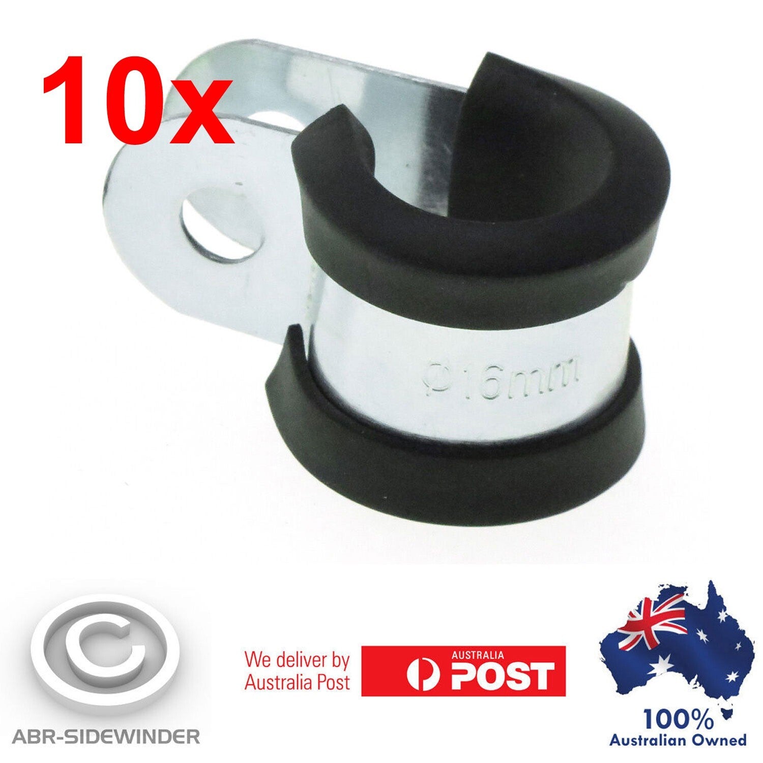 10x PIPE CLAMP 16mm RUBBER LINED P CLIP CABLE CLAMP HOSE CLAMP 7mm BOLT HOLE