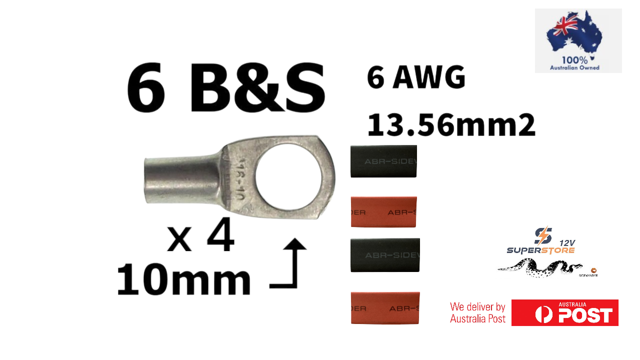 X4 DUAL BATTERY SYSTEM LUGS/ Heat Shrink 6 B&S  10mm EYE ABR SIDEWINDER SC16-10