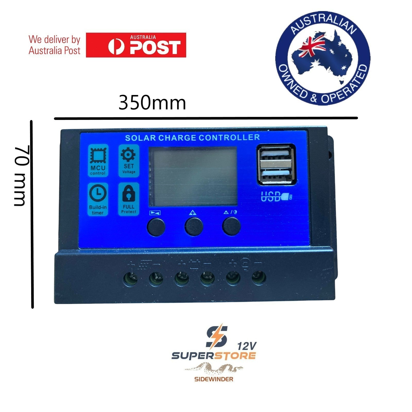 12V/24V Solar Panel Charge Controller auto 2 USB Battery + 8 AWG AUS Made Twin C