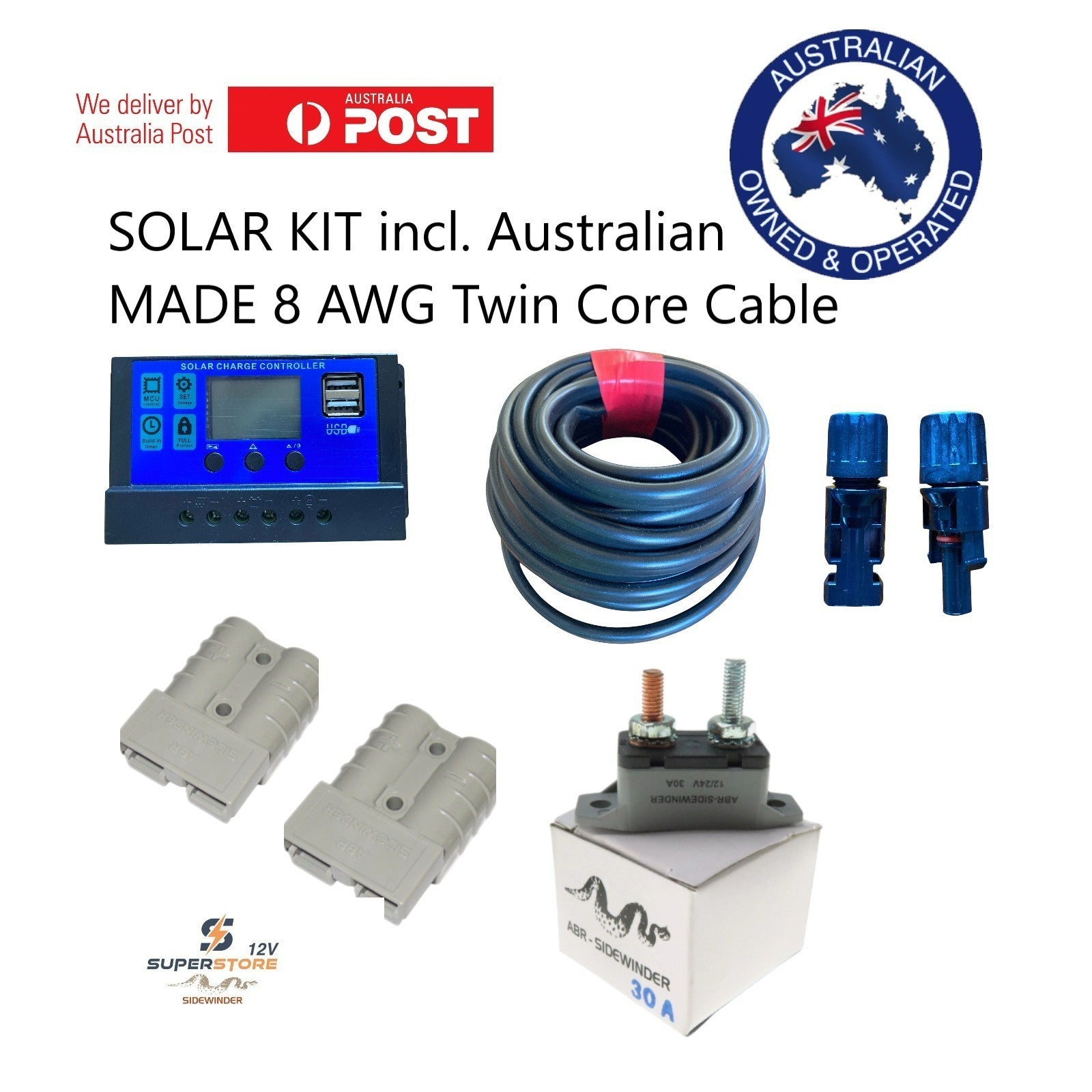 12V/24V Solar Panel Charge Controller auto 2 USB Battery + 8 AWG AUS Made Twin C