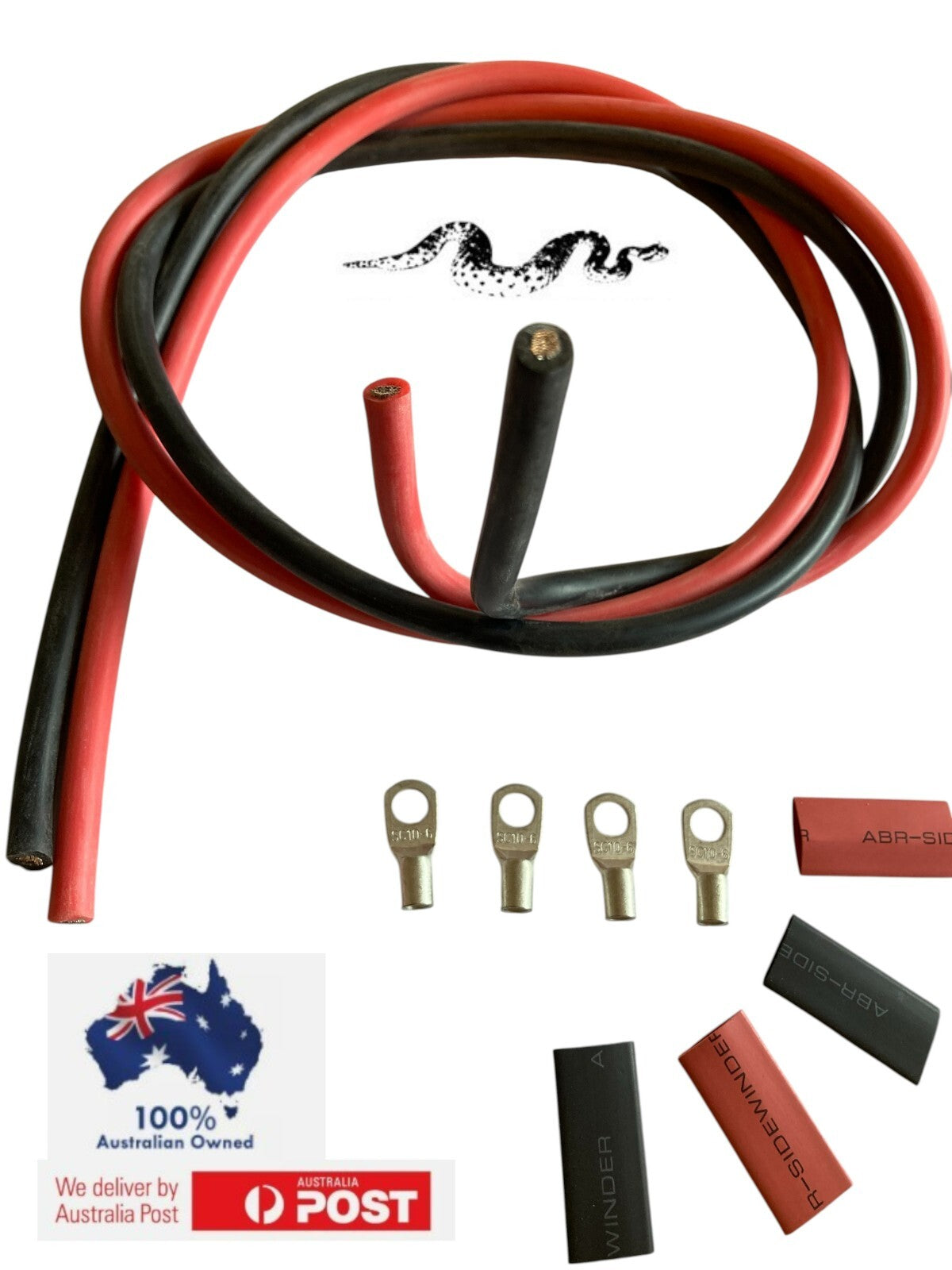 1m  SILICONE WIRE - 0B&S/ 0AWG  Cable- Black & Red with lugs & heat shrink